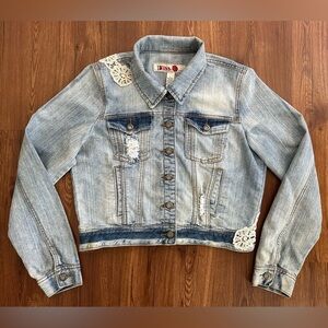 1st Kiss Women's Cropped Distressed Denim Jean Jacket Floral Embroidered